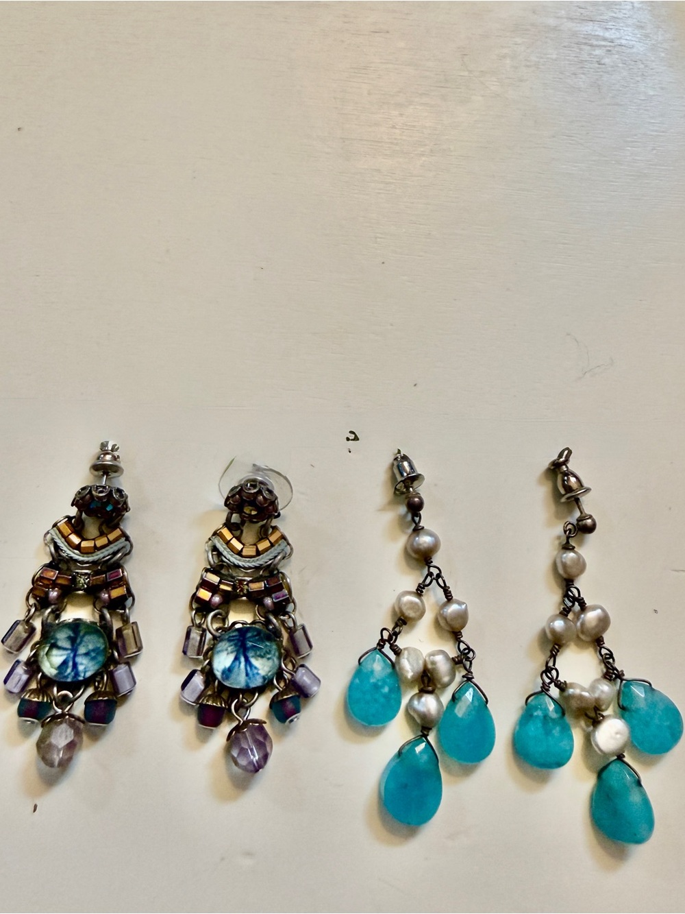 2 pairs of Bohemian Mixed Gemstone Drop Earrings - Turquoise & Purple